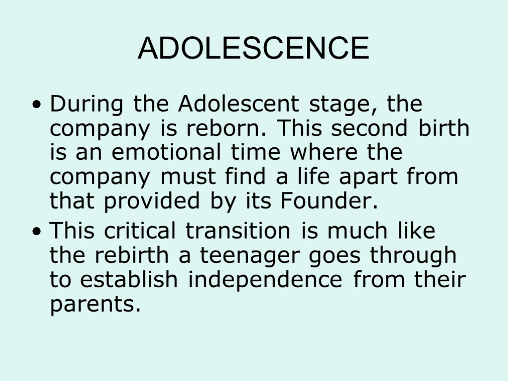 ADOLESCENCE During the Adolescent stage, the company is reborn. This second birth is an